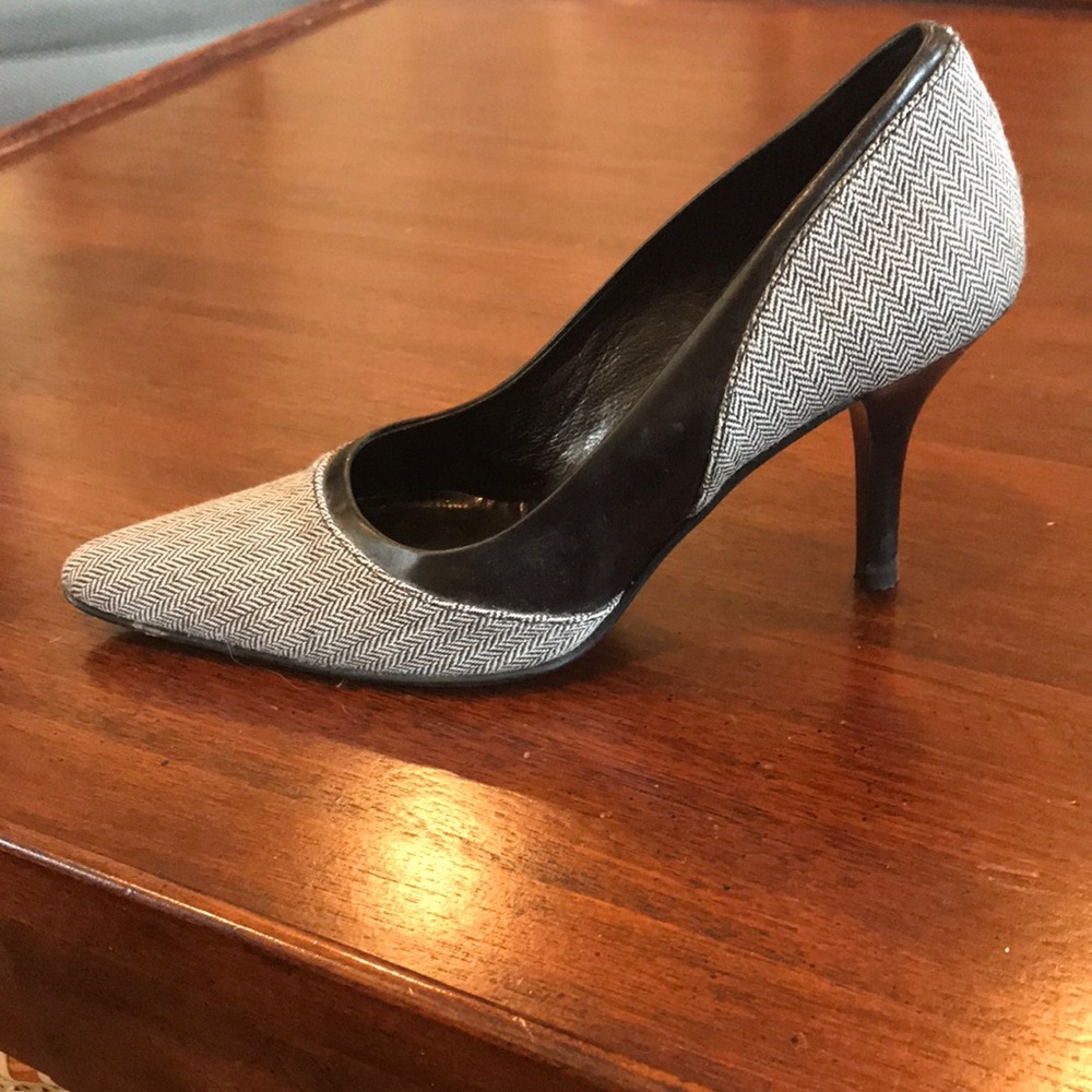 Gray and black pointy toe high heels